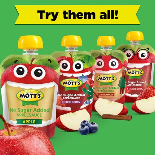 MOTT’S NO SUGAR ADDED APPLESAUCE, MADE FROM REAL FRUIT, NO ARTIFICIAL FLAVORS, 3.2 OZ CLEAR POUCHES, 20 PACK
