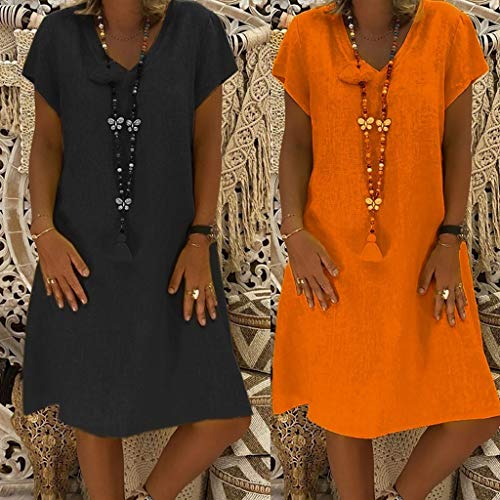 Sunmoot Casual Linen Loose Plain Simple Dress for Women, Plain Simple Solid V-Neck Plus Size Midi Dress - Thumbnail 4
