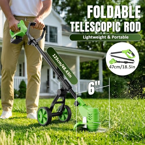 Cordless Weed Wacker with Wheels 4-in-1, 4000mAh Battery Powered Stringless Weed Eater, Brushless Grass Trimmer with 2 Batteries, 3 Blade, Adjustable Head, Lightweight Lawn Edger Brush Cutter