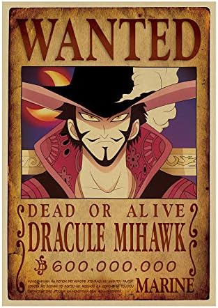 2018 Latest One Piece D Luffy Wanted Wall Scroll, Wanted Posters Kraft Paper,20.514 inch (Mihawk)
