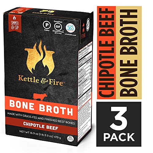 Whole 30 Approved Chipotle Beef Bone Broth by Kettle and Fire, Pack of 3, Keto Diet, Paleo Friendly, Snack Foods, Gluten Free, with Collagen, 10g of protein, 16.9 fl oz