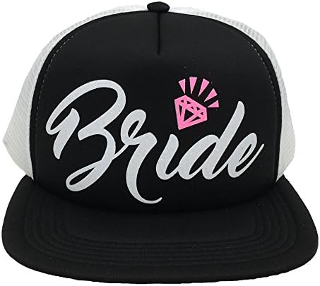 Bachelorette Party Bride Tribe Mesh Trucker Snap Back Hat (Black Hat/White Mesh, White Bride/Neon Pink Diamond)