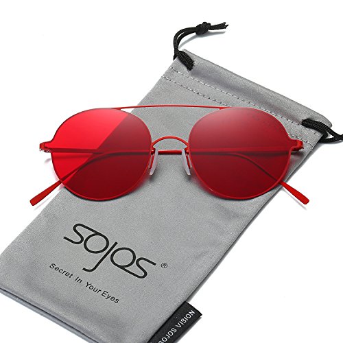 SojoS Small Round Sunglasses Metal Frame Thin Lightweight Mirrored Lens SJ1068 SJ1050 With Red Frame/Red Lens