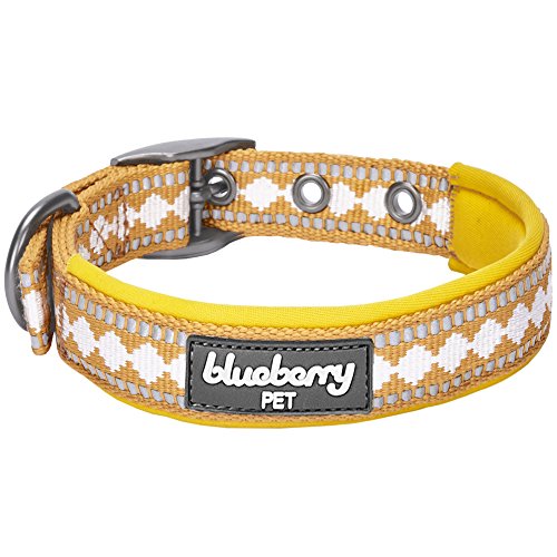 Blueberry Pet 7 Colors Soft & Safe 3M Reflective Jacquard Neoprene Padded Adjustable Dog Collar with Metal Buckle – Yolk Yellow, Neck 13-16.5″, for Medium Breed