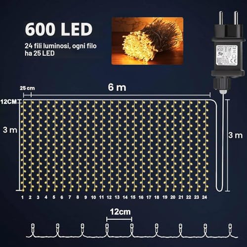 yowin 6 m x 3 m 600 LED Waterfall Lights Waterproof IP65 with Timer, 8 Modes Tent Lights with Socket for Wedding, Gazebo, Window, Wall, Garden – Warm White