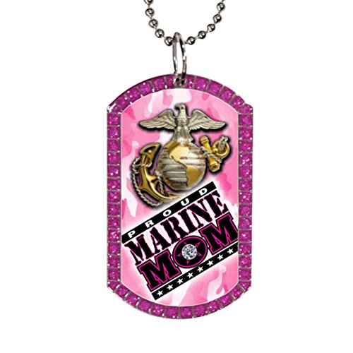 Marine mom pink glitter gem stone dog tag necklace with silver fi…