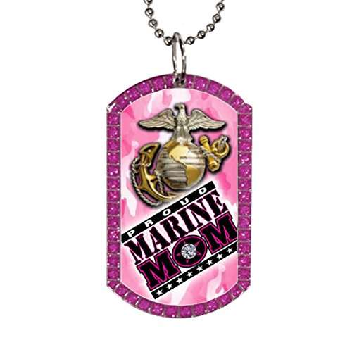 Marine Mom Pink Glitter Gem Stone Dog Tag Necklace with Silver Finish