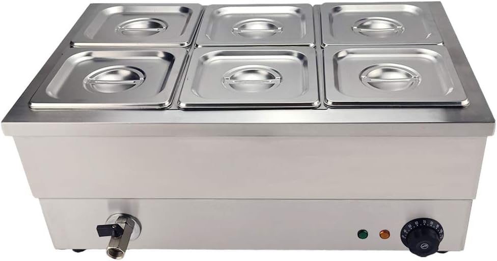 TAIMIKO Commercial Electric Food Warmer Stainless Steel Bain Marie Buffet Food Warmer Steam Table for Catering and Restaurants Wet Well Wet Heat 1500W (6x 1/6 GN Pans)