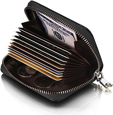 Credit Card Wallet, SANHOO Genuine Leather Zipper Card Holder Wallet Small Purse For Women &amp; Men-Black