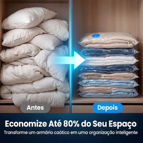 Kit 10 Sacos a Vácuo para Roupas 50x60cm com Bomba Manual — Saco Organizador a Vácuo Reutilizável e Impermeável para Viagem, Mala, Edredom e Armazenamento, Economiza até 80% de Espaço