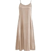 Xintianji Women's Basic Satin Silky Full Slip Midi Loose Dress with V-Neck Sexy Cami Adjustable Strap Wear Nightgown Dresses