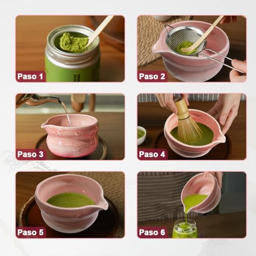 Juego de 8 Batidor de Matcha, Kit Matcha con Tazón Cerámica, Soporte Cerámica, Batidor, Cuchara, Colador, Cucharilla, Porta Cuchara y Paño de Cocina para Hacer Japonés Té Verde Ceremonia Regalo (Rosa)