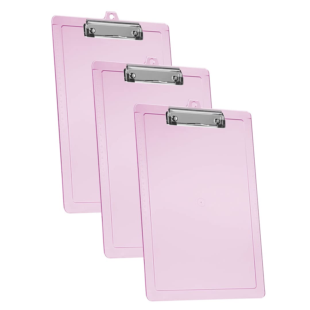 Acrimet 3 Pack Clipboard Letter Size A4 (34 cm x 24 cm) Low Profile Clip & Side Rulers, Durable Plastic for Office, School, Home Use - Clear Pink Color