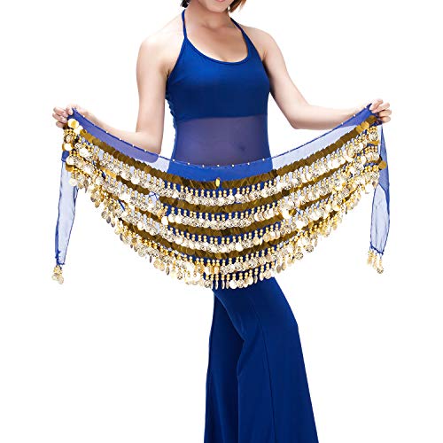 Saymequeen Belly Dance Hip Scarf Multi-Row 228 Gold Coins Dance Waist Chain (dark blue)