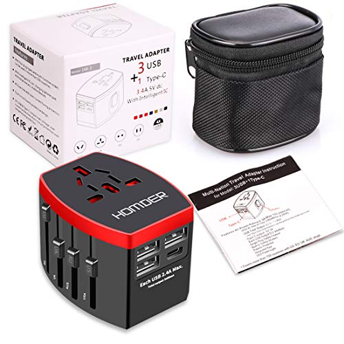 Homder Travel Adapter, International Power Adapter, All in One Worldwide AC Outlet Plug Adapter for US UK Europe AUS More Than 150 Countries, 1 AC Outlet + 1 Type C Port + 3 USB Ports