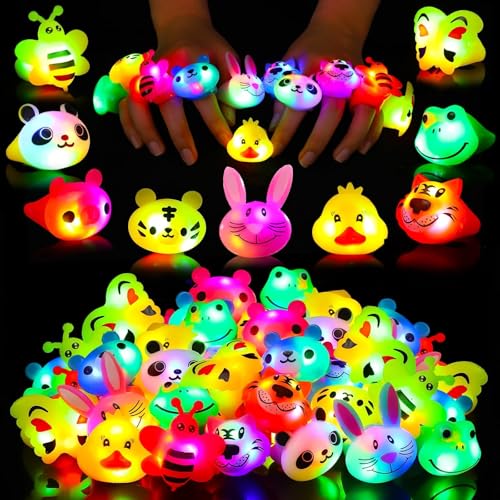 SCIONE 40 Pack Light up Rings Birthday Party Favors for Kids, Goodie Bag Stuffers Glow in the Dark Halloween Party Supplies, Classroom Prizes Cute Animal Treasure Box for Kids