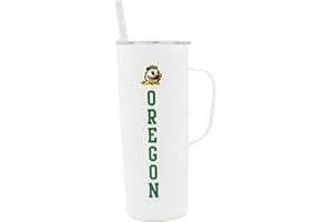 Decorvo NCAA 20 oz. Stainless Steel Tumbler with Handle - Officially Licensed Double Walled Insulated Roadie with Slide Lid and Straw (Oregon text - White)