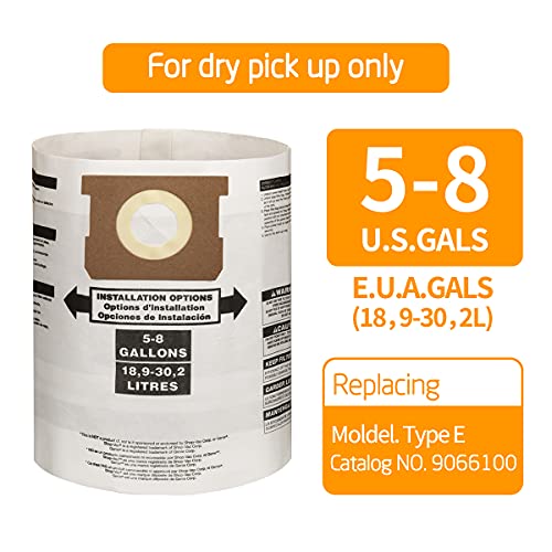 FUNTECK 5 Pack Dust Collection Bags for 5-8 Gallon Shop Vac, Replacing Model Type E, Part#9066100(general purpose)