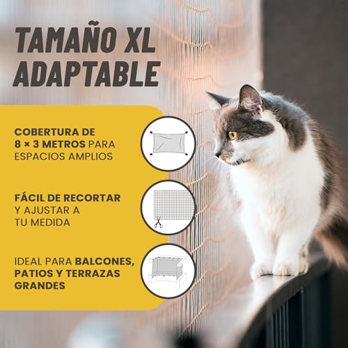 JARAMI - Cat Net Terrace with Accessories Included - Reinforced Cat Net 8 x 3 m - Strong and Durable Mesh for Balcony, Terrace and Window - Balcony Protective Mesh.