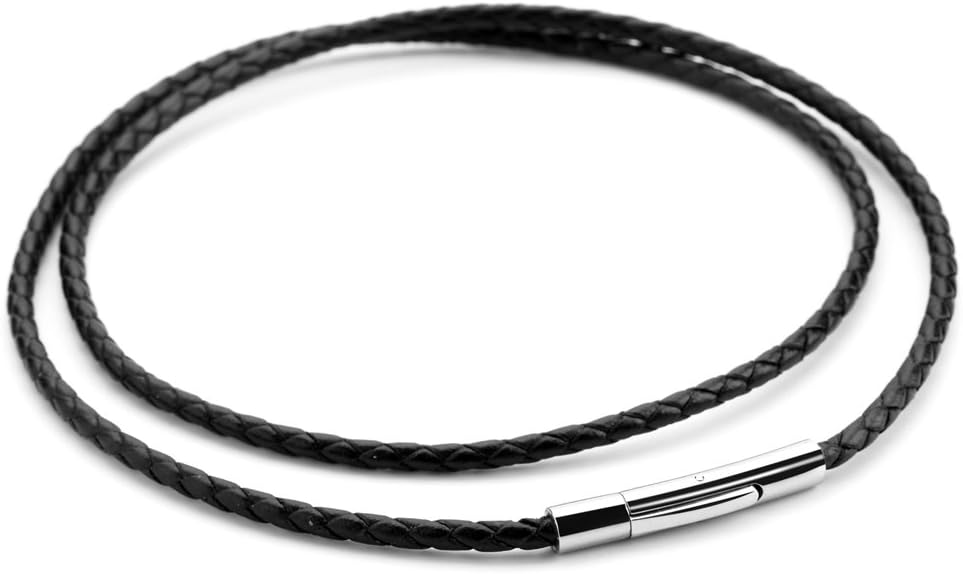 HamoeryWomen Men 3mm Leather Cord Chain Necklace Black Braided Rope Stainless Steel Clasp Chain Necklace
