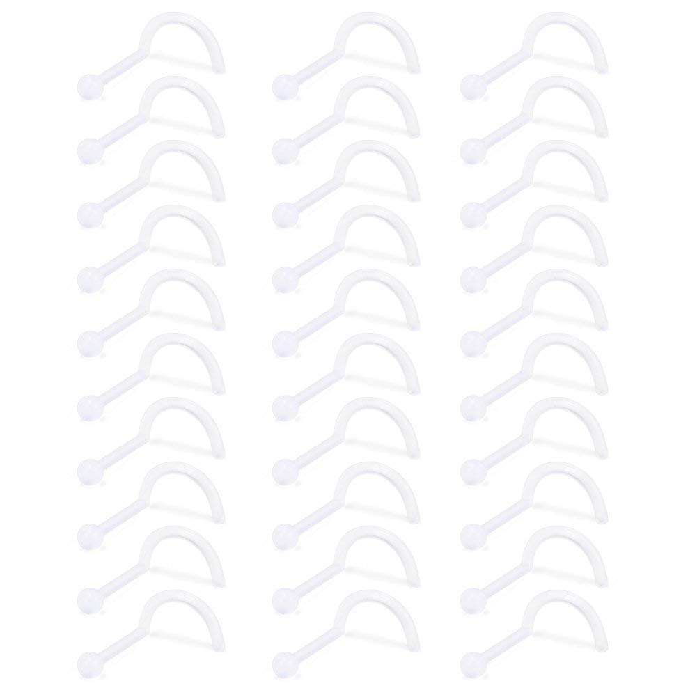 AceFun 30PCS 18G Clear Acrylic Nose Rings Bioflex Stud Retainer 2MM Ball Top Piercing Body Jewelry for Men Women Bone Style