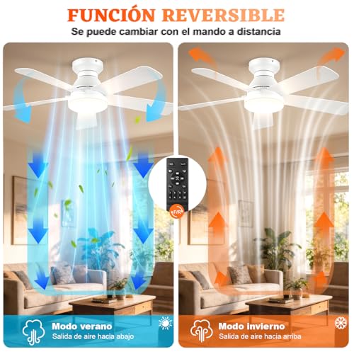 Ventilador de Techo con Luz de 42 Inch/107cm, Montaje Empotrado con Control Remoto, Silencioso de 5 Aspas, 3cct+6 Velocidades, Motor Reversible, Blanco