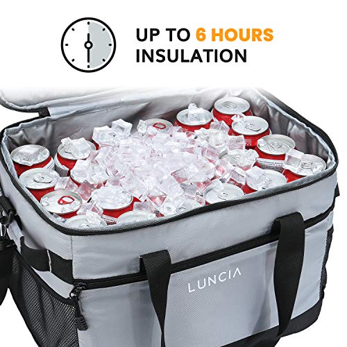 LUNCIA 33L Leakproof Collapsible Cooler Bag, Insulated Cooling Bag Portable Tote, 60 Can Soft Sided Cooler for Picnic, Camping, Hiking, Grey