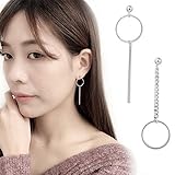 A&C Fashion Korean Version Chic Asymmetric Round Pendant Ear Line for Women. Unique Handmade Earrings Jewelry for Girl. (Silver Color)