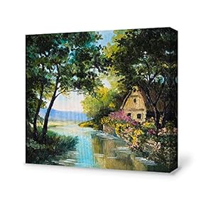 Farmhouse Near Lake Around Forest Painting Artwork for Framed Country