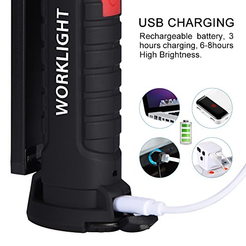 COB Work Lights , USB Rechargeable Work Light with Magnetic Base Ultra Bright LED Flashlight, Inspection Lamp for Car Repairing, Workshop, Garage, Camping, Emergency (Black,Collapsible)[2018 New] - Thumbnail 4