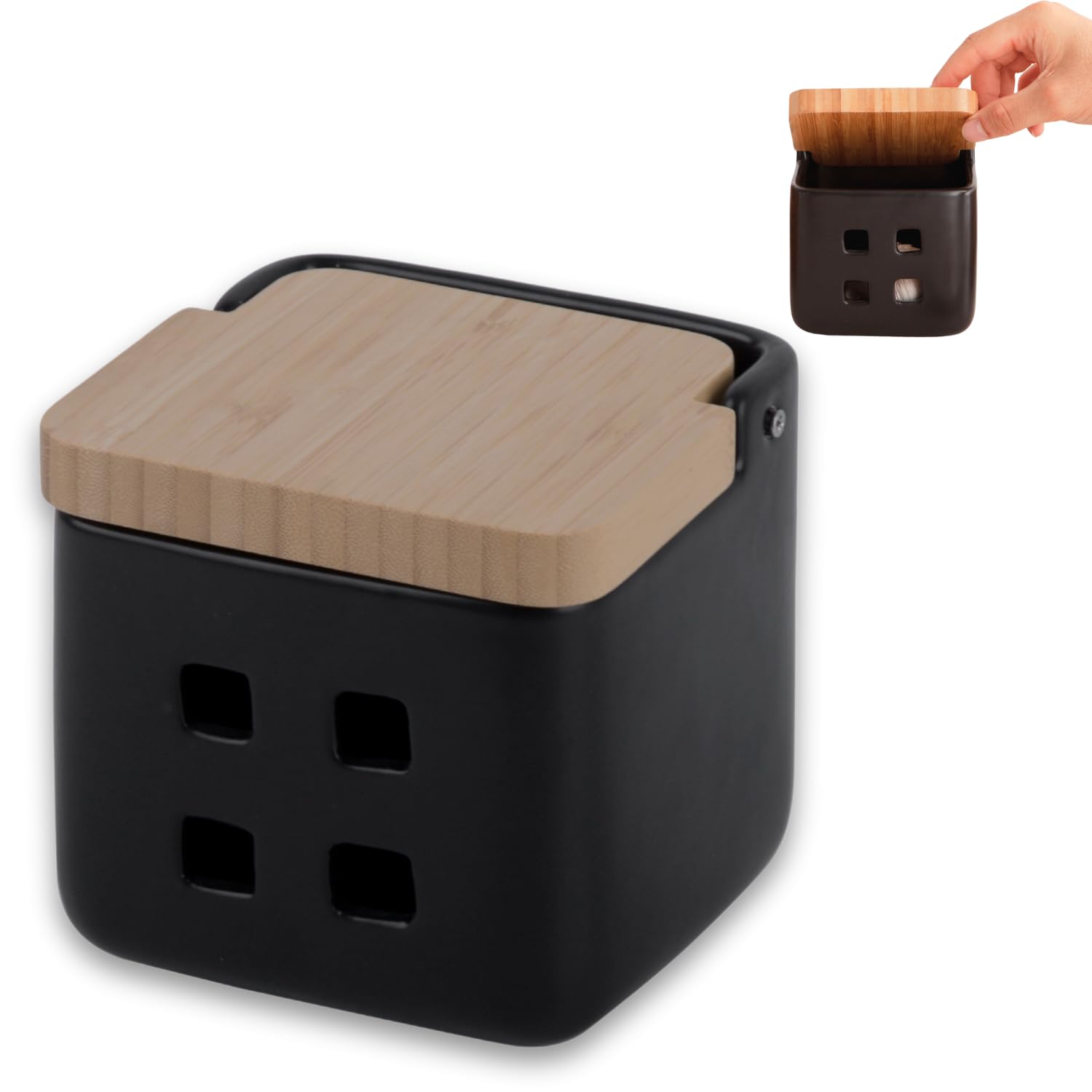 KOOK TIME Ceramic Garlic Keeper with Bamboo Swivel Lid | Garlic Storage Pot with Ventilation Holes for Freshness | Matt Black and Natural Bamboo, 11.5 x 11.5 x 11.5 cm — image 1