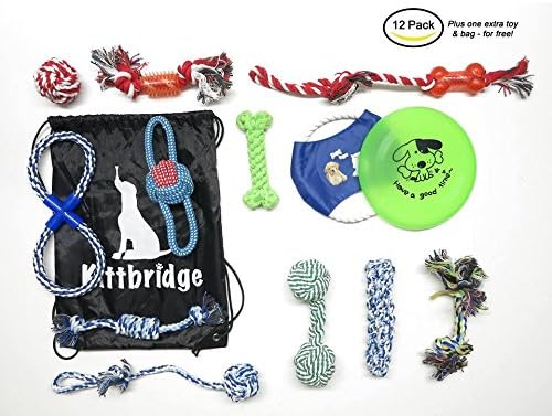 Kittbridge 12 Pack Dog Toys Gift Set Ball Rope and Chew Ropes Toys for Medium to Small Pet Teething Toys Plus Complimentary Carrying Bag And Extra Toy!