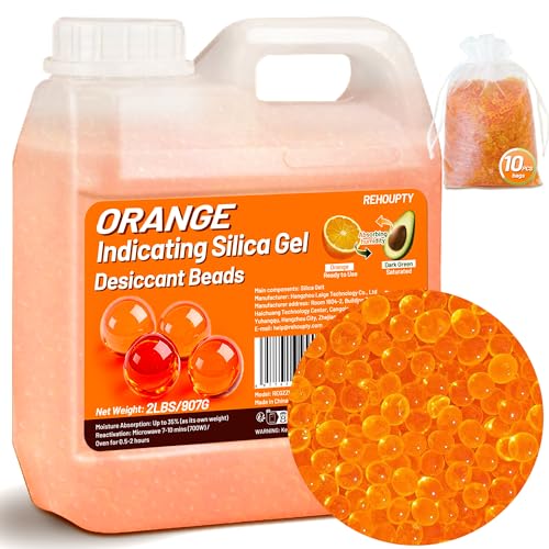 Perles Déshydratantes de Silice Orange 907G, Perles Gel Silice Indicatorices Réutilisables, Perles Déshydratantes de 3-5mm pour Filament 3D & Appareils Électroniques (10 Sacs Organza Inclus)