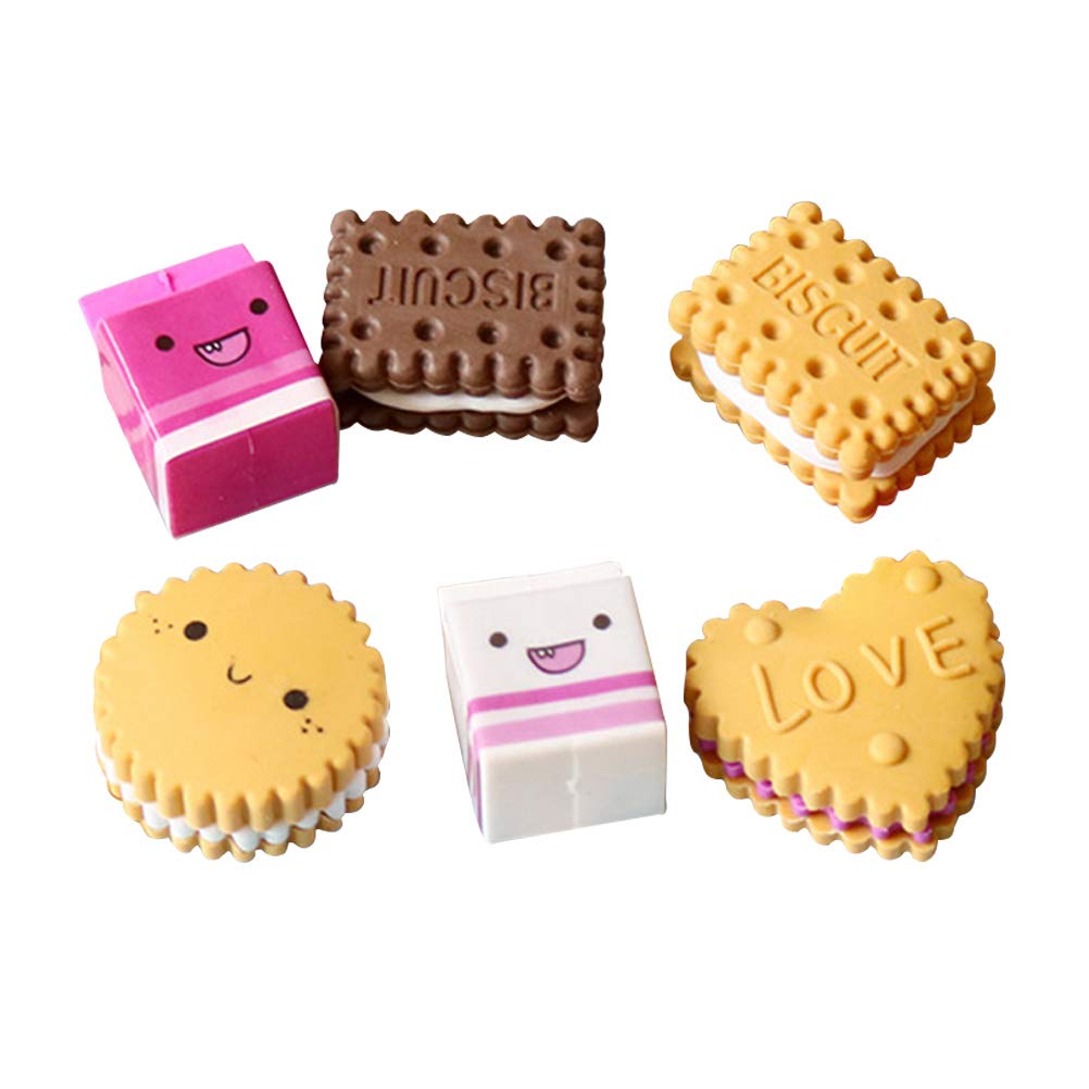 6pcs Box-Packed Eraser Set Cute Kawaii Milk Cookies Biscuit Erasers Coloured Pencil Erasers for Precise Erasing School Stationery Supplies Creative Gift for Kids Children Students