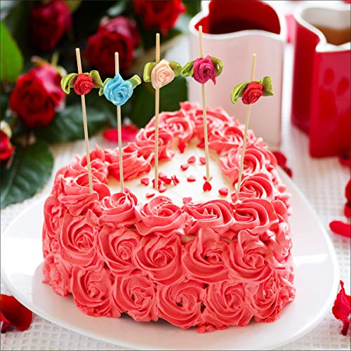 Rose Flower Appetizer Skewers Cocktail Picks Long Bamboo Toothpicks in Clear Storage Box Wedding Valentines Day Single Bachelorette Party Food Drinks Desserts Fruits Decor 4.7" 100 Counts-MSL119