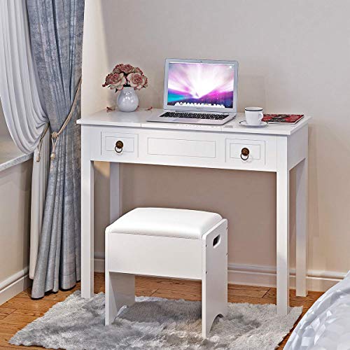 Amooly Vanity Set with Flip Top Mirror Makeup Dressing Table Writing Desk with 2 Drawers Cushioned Stool 3 Removable Organizers Easy Assembly