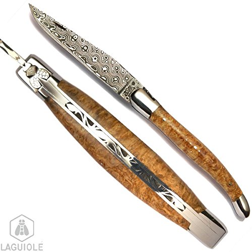 LAGUIOLE Damascus knife, Amboina burl wood handle. Authentic Genuine collector's knife. Stainless steel, guaranteed hand-crafted in France, with a numbered certificate of authenticity Each model is unique.