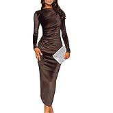 Wenrine Women's Velvet Bodycon Midi Dress Long Sleeve Ruched Elegant Cocktail Party Dresses