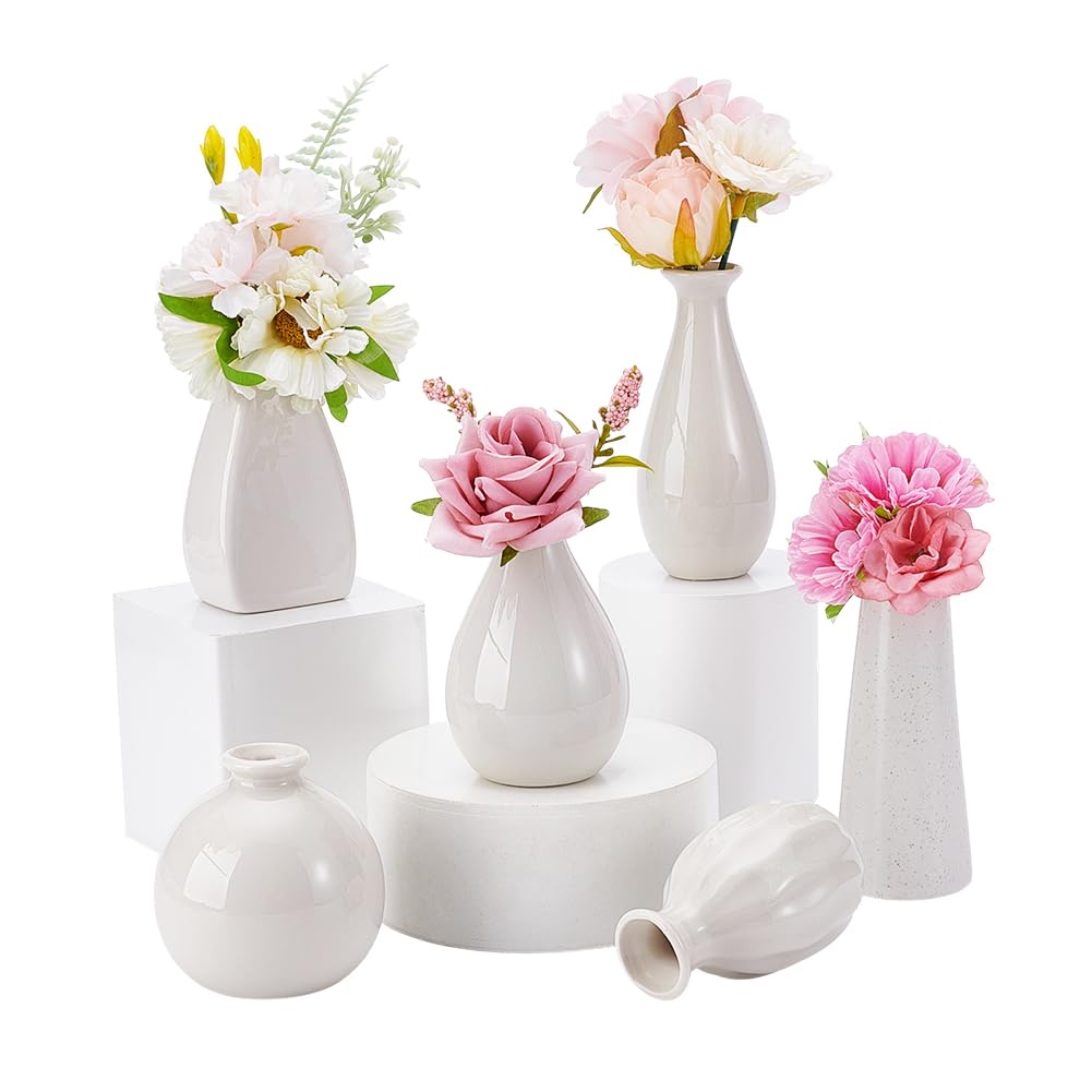 NBEADS 6 Pcs Mini Ceramic Flower Vase, 6 Styles Rustic Decor Vase Modern Farmhouse Decor White Plain Small Vases for Flowers Small Plants Floral Dining Room Shelf Decor, 43~65x70~100mm
