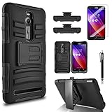 Asus Zenfone 2 Case, Combo Rugged Shell Cover Holster with Built-in Kickstand and Holster Locking Belt Clip Black + Circle(TM) Stylus Touch Screen Pen