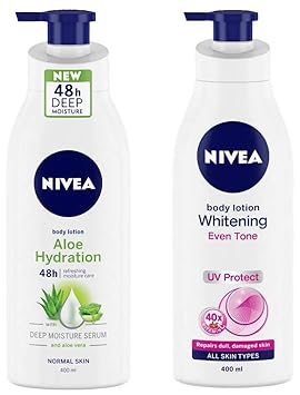 Nivea Aloe Hydration Body Lotion, 400Ml, With Deep Mpisture Serum And Aloe Vera For Normal Skin And Nivea Body Lotion, Whitening Even Tone Uv Protect, 400Ml