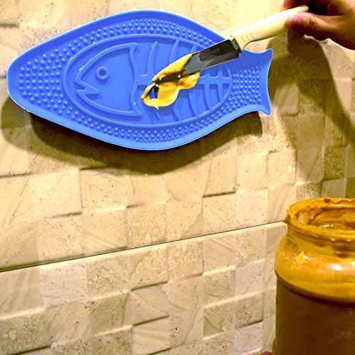 MalsiPree Dog Lick Pad, FDA Approved Dog Distraction Device Peanut Butter Pad with Suction Cup and Bumper, Fish Shape Bath Buddy for Dogs Makes Shower Easy and Funny (Blue)