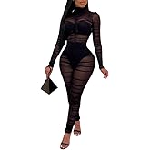 Uni Clau Women One Piece Outfits Mesh Sheer Bodycon Jumpsuit Long Sleeve See Through Party Club Outfits for Women