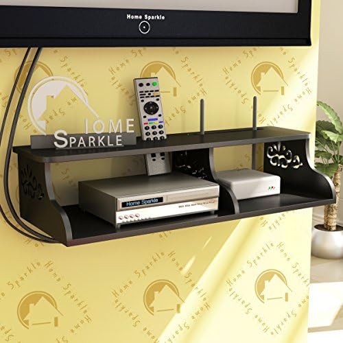Home Sparkle TV Entertainment Unit | Wooden Carved Wall Shelf for Set Top Box and WiFi - Black