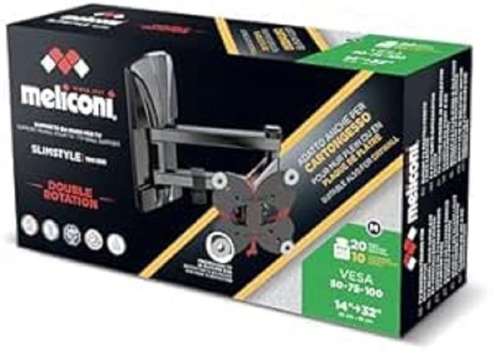 Meliconi Slimstyle Plus 100 SDR TV Wall Mount with Double Arm Also Suitable for Plasterboard TVs from 14" to 32" Vesa 50-75-100 Made in Italy