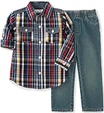 Kids Headquarters Little Boys' Toddler 2 Pieces Woven Shirt with Two Pockets Pants Set, Red/Navy, 3T