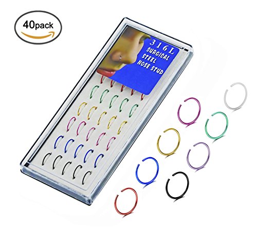 Nose Hoop Ring,40pcs 22G Assorted Nose Studs Rings,Stainless Steel Body Jewelry Piercing Nose Rings (A：Mix color)