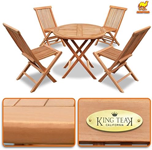 King Teak 4 Piece Golden Teak Wood Folding Chair &amp; 1 Piece Round Table Outdoor Furniture Set Garden Yard Seat Chair Dining Set