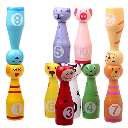 Joqutoys Wooden Bowling Play Set Indoor Activity with 10 Animal Pins 2 Balls Educational, Early Developmental Toy for Kids 2 3 4 5 Years and Up