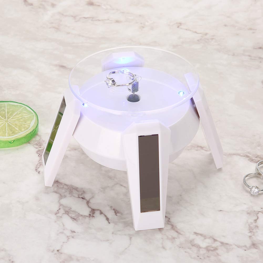 Solar Rotating Display Stand, 360° Rotating Turntable with LED Light for Watch Phone Jewelry Display (White)